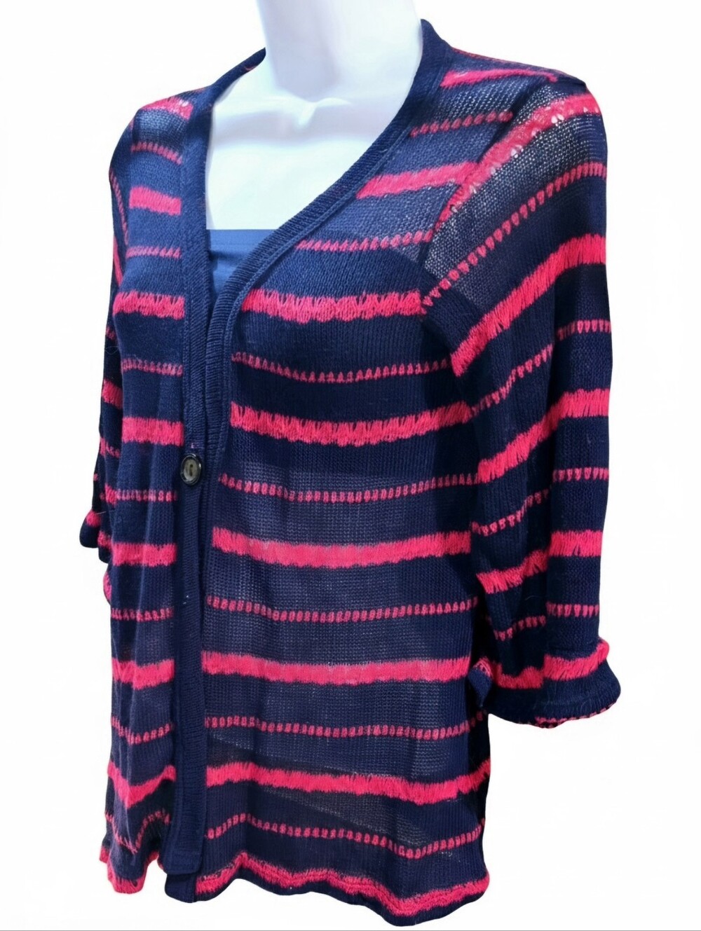 Chris Carol Made In USA Navy Blue Pink Striped Single Button Cardigan Sweater S